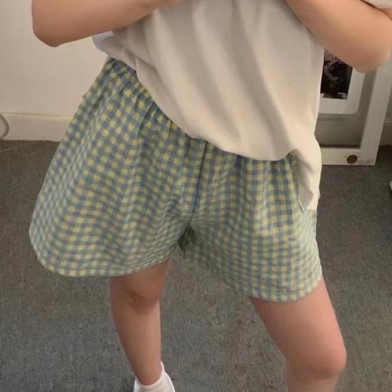 Sommer-Lounge-Shorts, Taille, weites Bein, Print, lockere Freizeitshorts, kariert, elastisch, hohe Passform, Schlafshorts