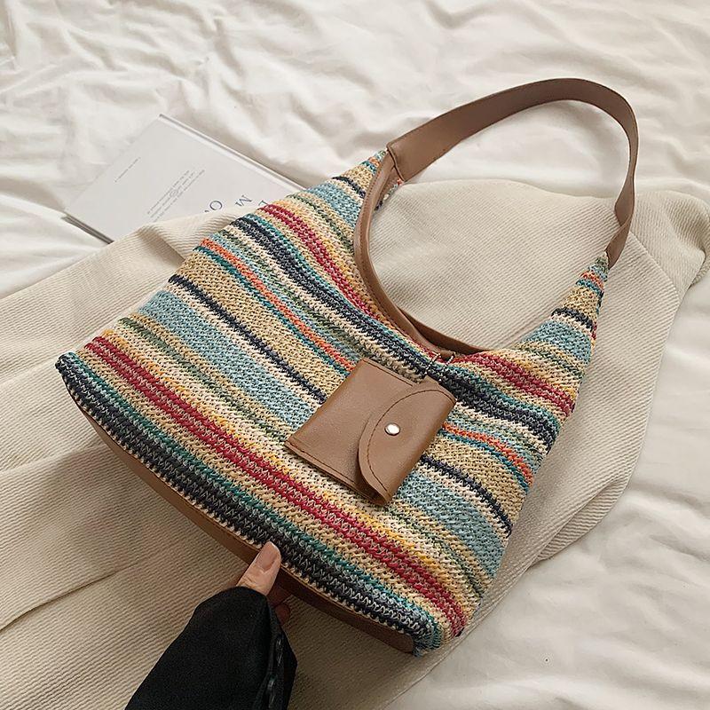 Large Capacity Rainbow Straw Woven Tote Bag - Stylish Shoulder Commuter Bag with Lazy Chic Versatility