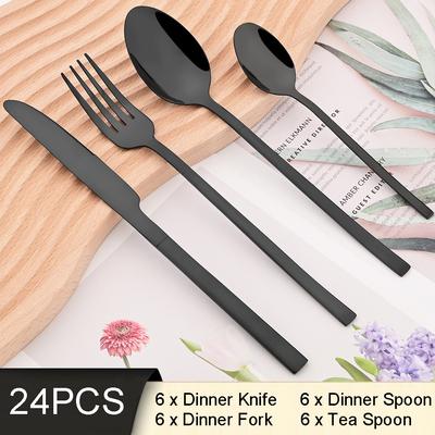 24Pcs Black Dinnerware Set Knife Fork Coffee Spoon Cutlery Set Stainless Steel Flatware Western Kitchen Silverware Tableware