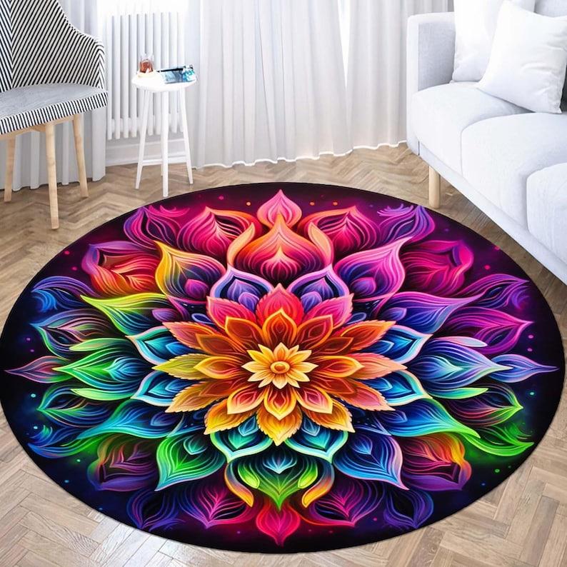 Rainbow Mandala Round Rug, Flower of Life Sacred Geometry Design, Colorful Spiritual Carpet for Meditation Yoga Decor
