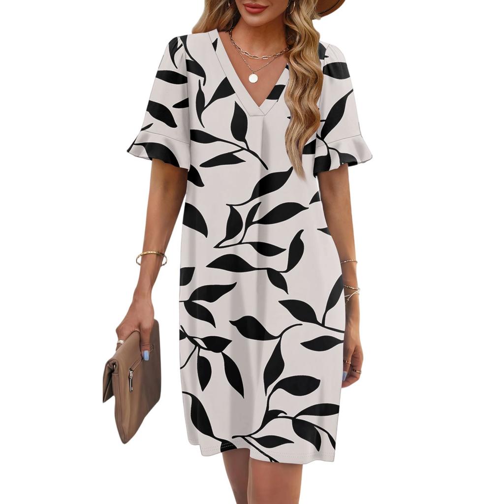 Women's Summer Floral Print Dress Pleated Short Sleeve V-Neck Pocket Casual Dress