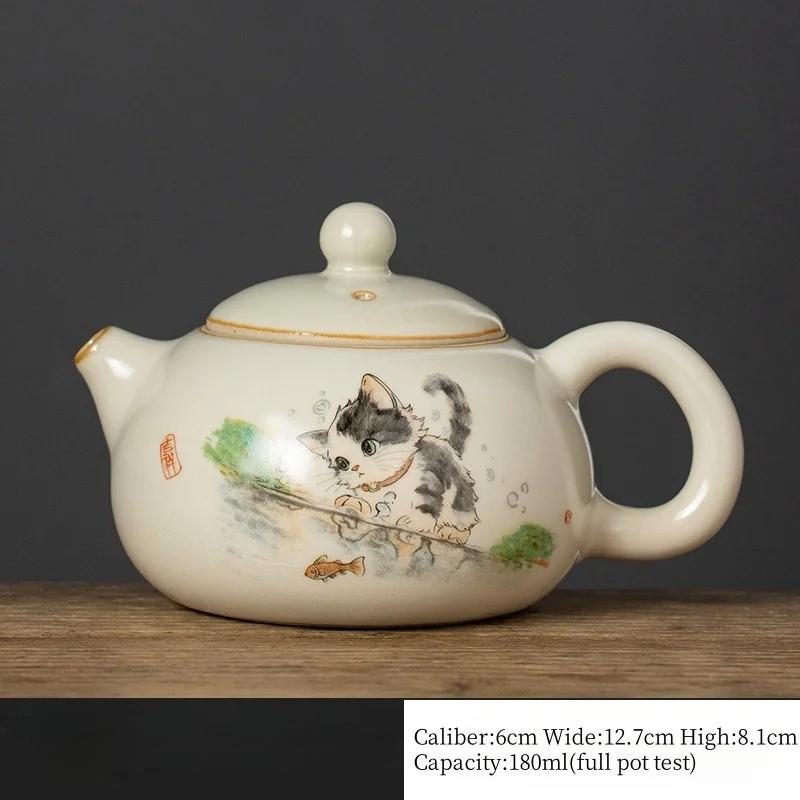 180ml Ru kiln ceramic teapot hand-painted cute cat Xi Shi beauty tea infusion pot Chinese Kung Fu tea set