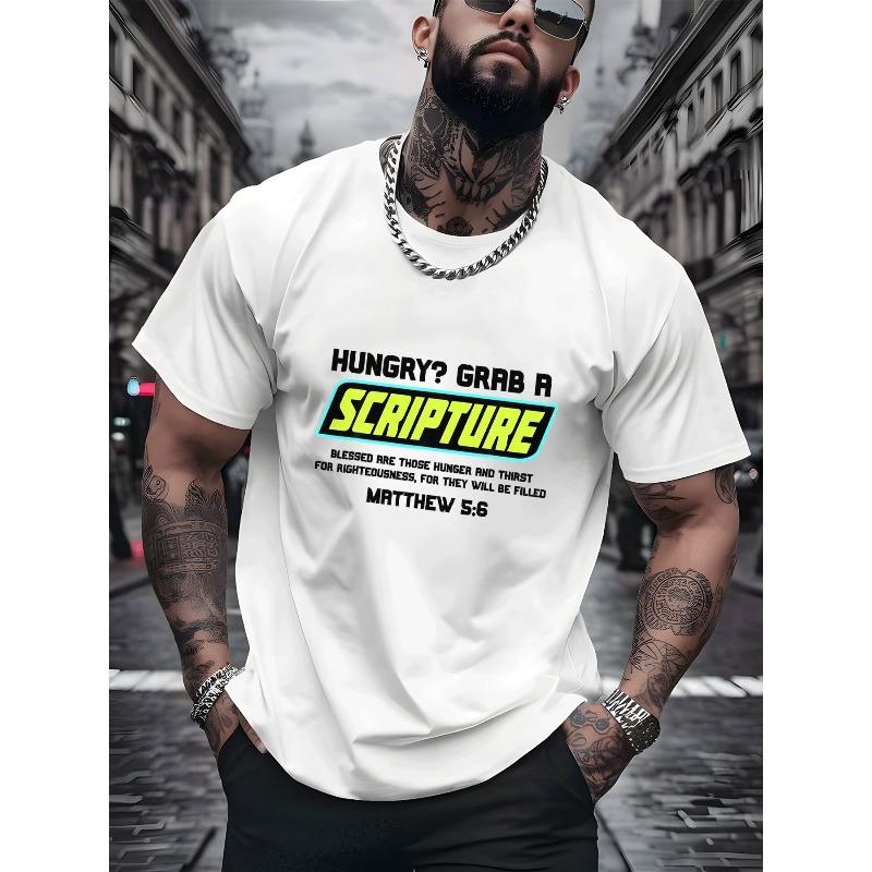 Mens Fashion Casual Street Style Black T-Shirt • Hungry Grab a Scripture Matthew 5:6 Religious Quote Pattern • Adults Men Casual Wear S