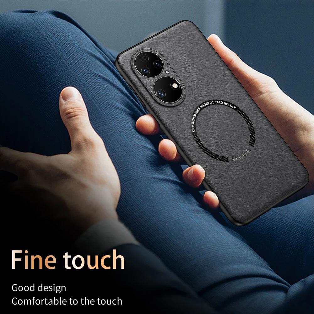 For Huawei P50 P50 Pro P50E Fine-Hole PU Cow Pattern Leather Outer Magnetic Ring Soft Edge Anti-Drop Phone Case