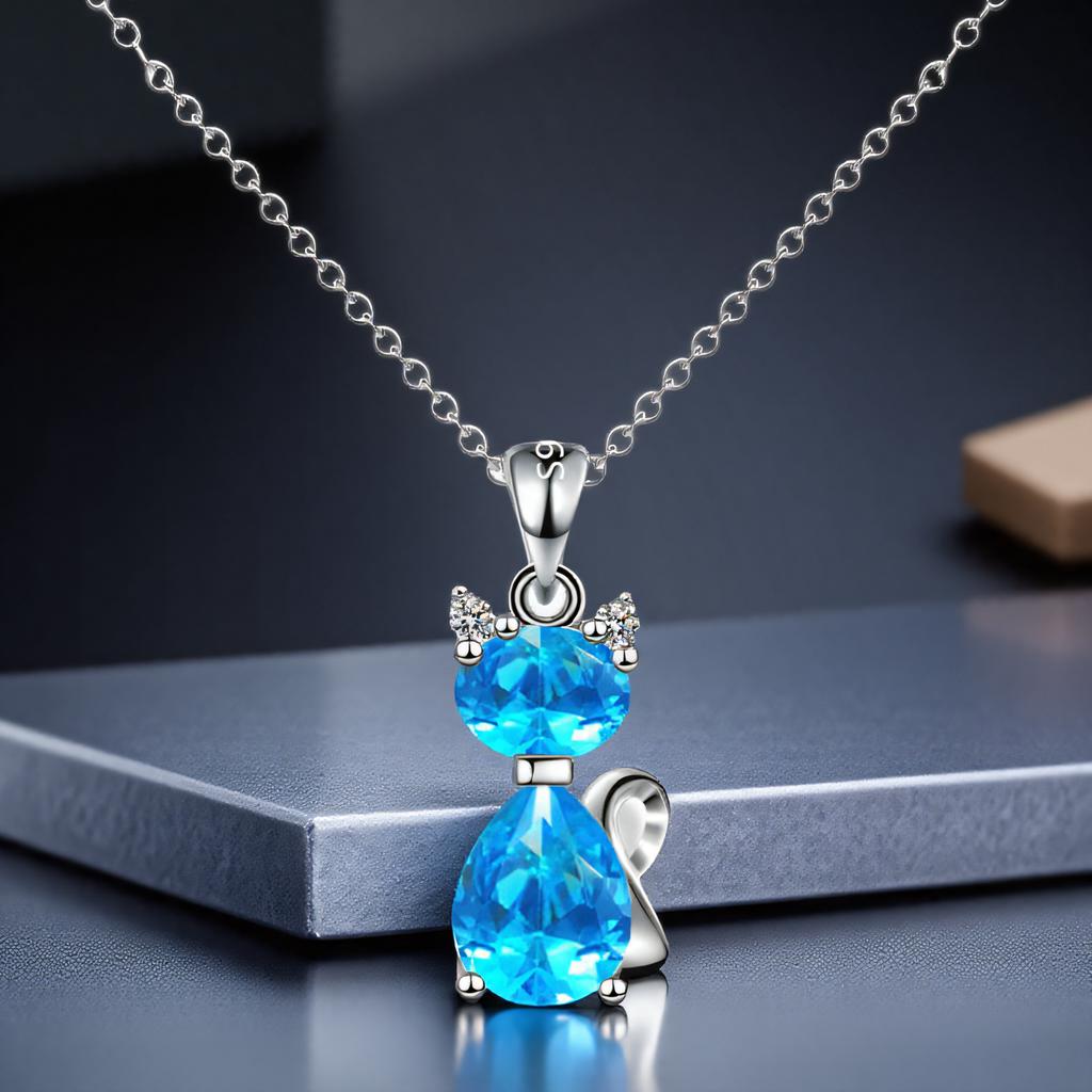 Aqua Blue Pink White Zircon Small Cat Pendant Cute Animal Necklaces For Women Trendy Silver Color Chain Necklace Wedding Jewelry