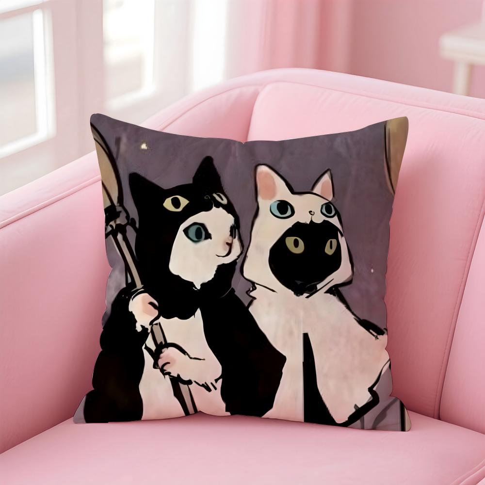 LLittle Black Cat Couple Cushion Cover Pillow Case Soft Friendly Fabric Concealed Zipper