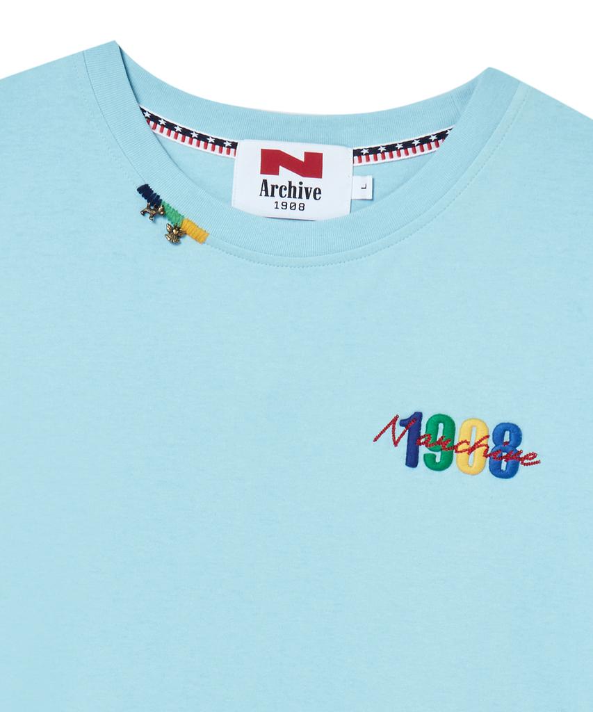 BEYOND CLOSET [Collection Line] Washed Cotton Short Sleeve T-Shirt With Vintage Art Piece Detail Sky Blue