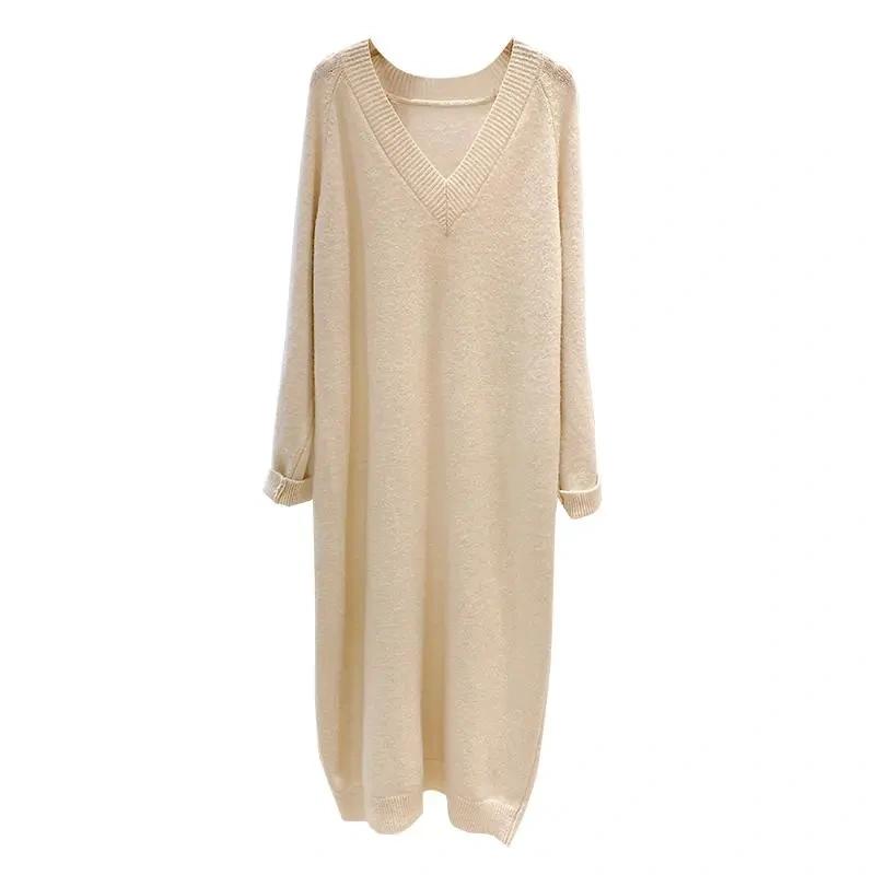 Plus Size Sweater Skirt Over The Knee Women's Autumn and Winter with Lazy Style Loose V-neck Bottoming Knitted Dress