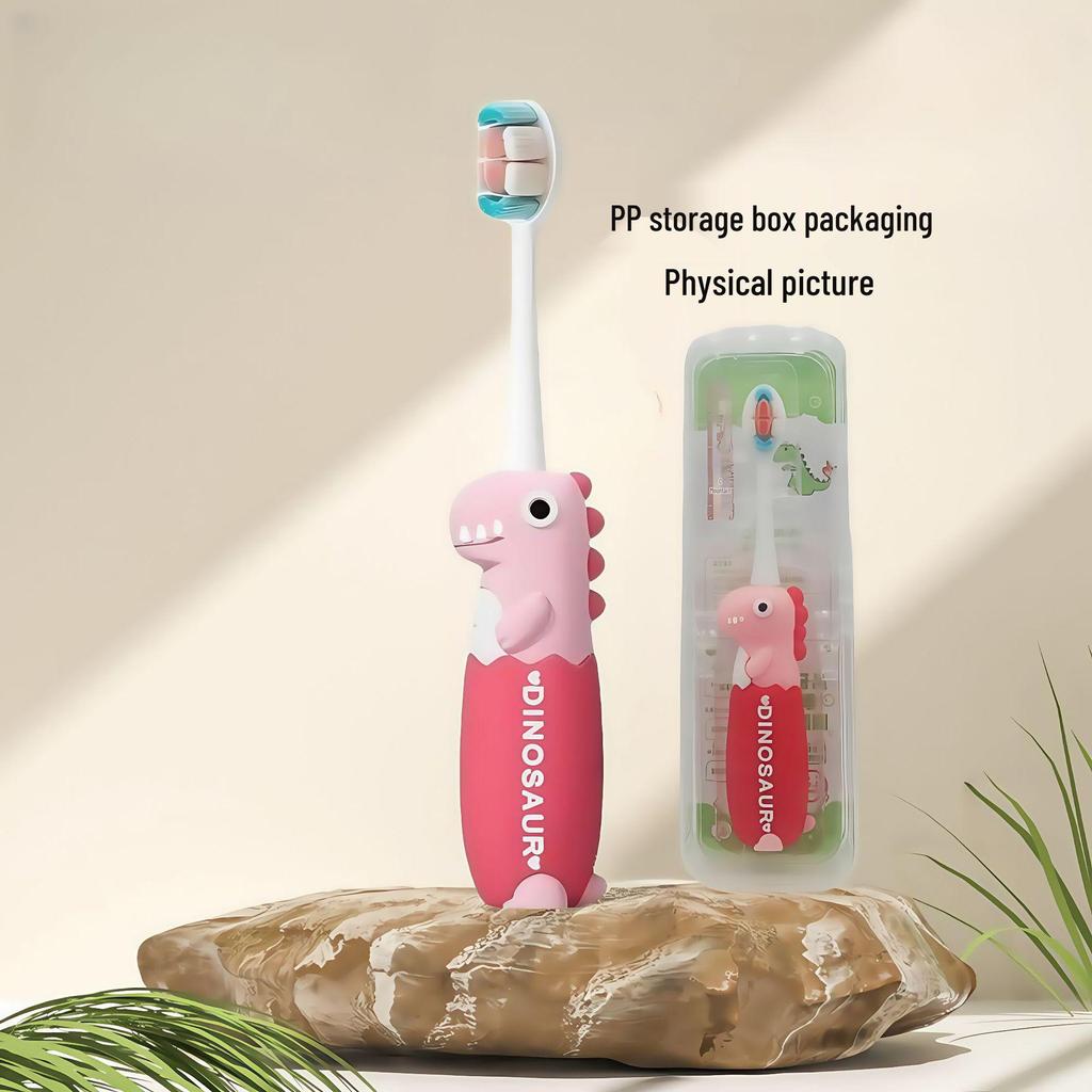 Children's Cartoon Dinosaur Toothbrush, Ages 3-12, with Cute Non-slip Handle & Soft Bristles for Gentle Oral Care