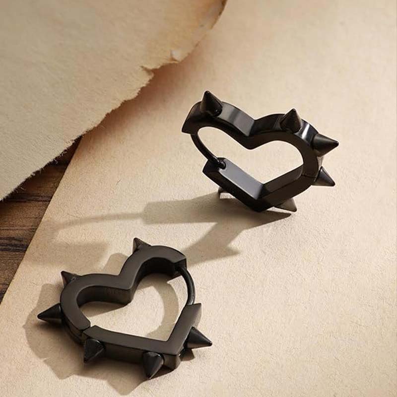 Stainless Steel Silver Color Spike Rivet Heart Hoop Earrings For Women Men Punk Metal Geometric Piercing Ear Buckle Jewelry