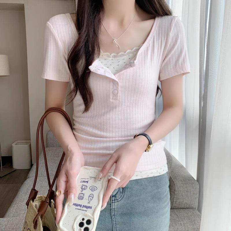 Fashion Sweet Floral Lace Trim Short Sleeve TShirt Women Summer Slimming Blouse Short Style Top Fake Two Piece Pure Desire Splice Shirt