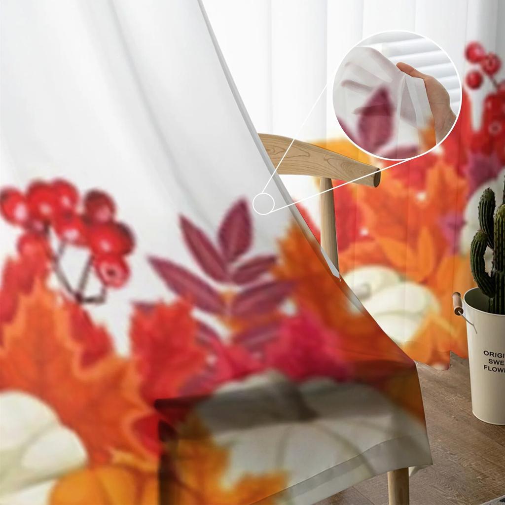 Pumpkins And Colorful Autumn Leaves Sheer Curtains For Living Room Bedroom Kitchen Tulle Curtain Home Decorative Sheer Panels