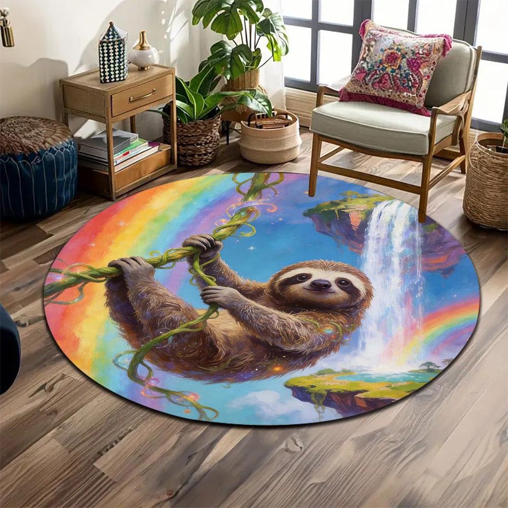 "Sloth Swinging in Rainbow Paradise" Print round rug, living room, bedroom, playroom carpet, non slip floor mat, gift