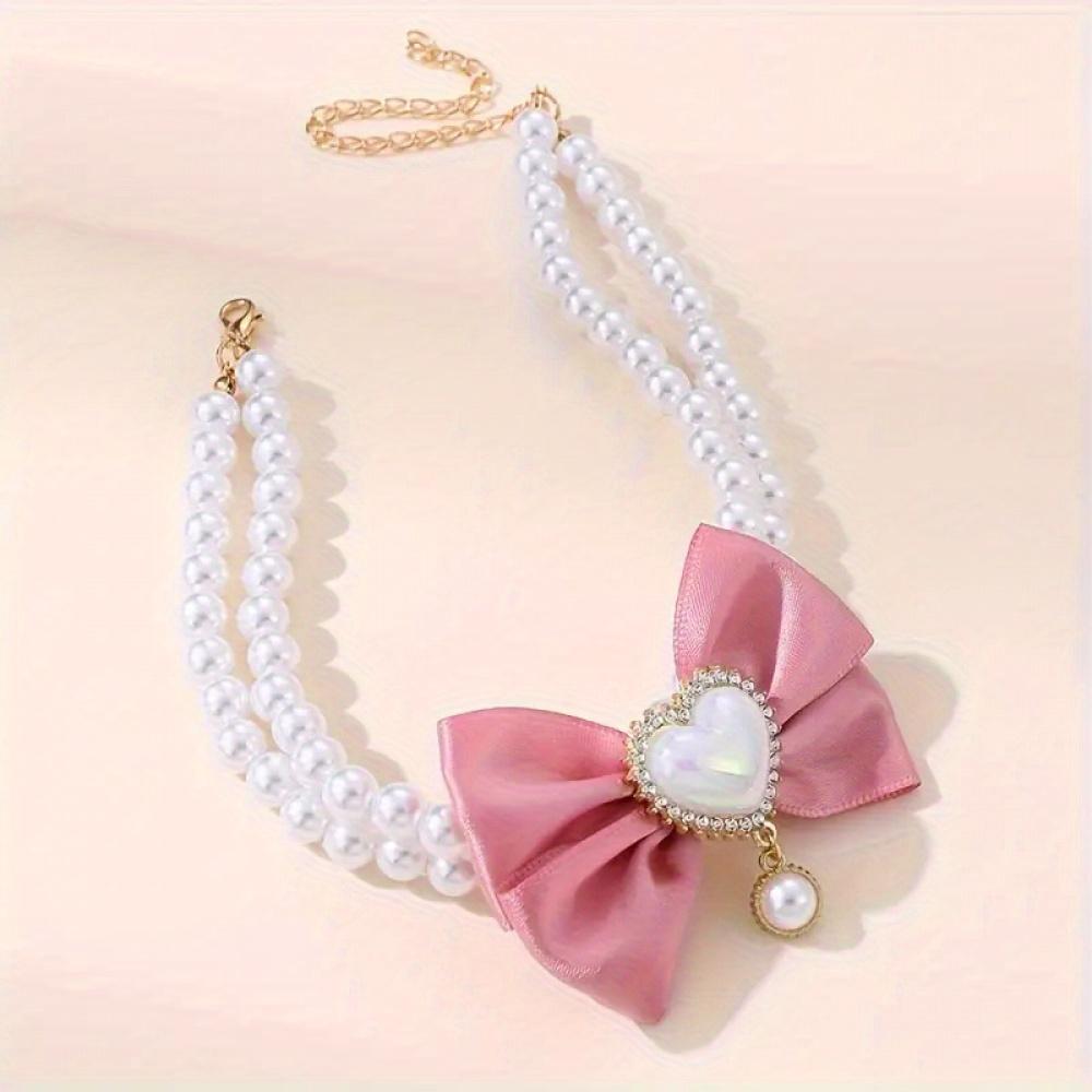 1PC Charming Double Pearl Bow Necklace for Small and Medium Sized Pets with Cute Heart-shaped Pendant