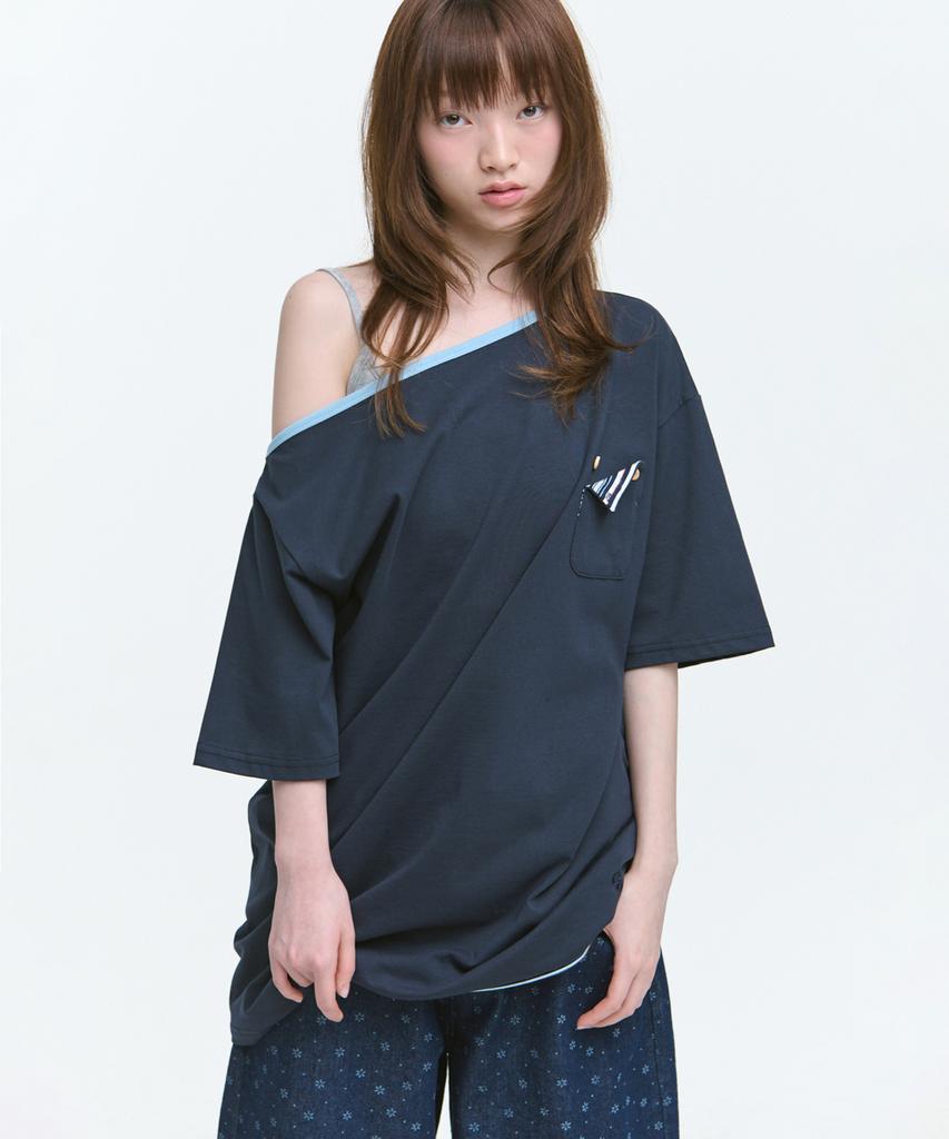 SOME PLACE Pocket Snap Color Block Double Layered Oversized Off-Shoulder Short Sleeve T-Shirt [Navy]