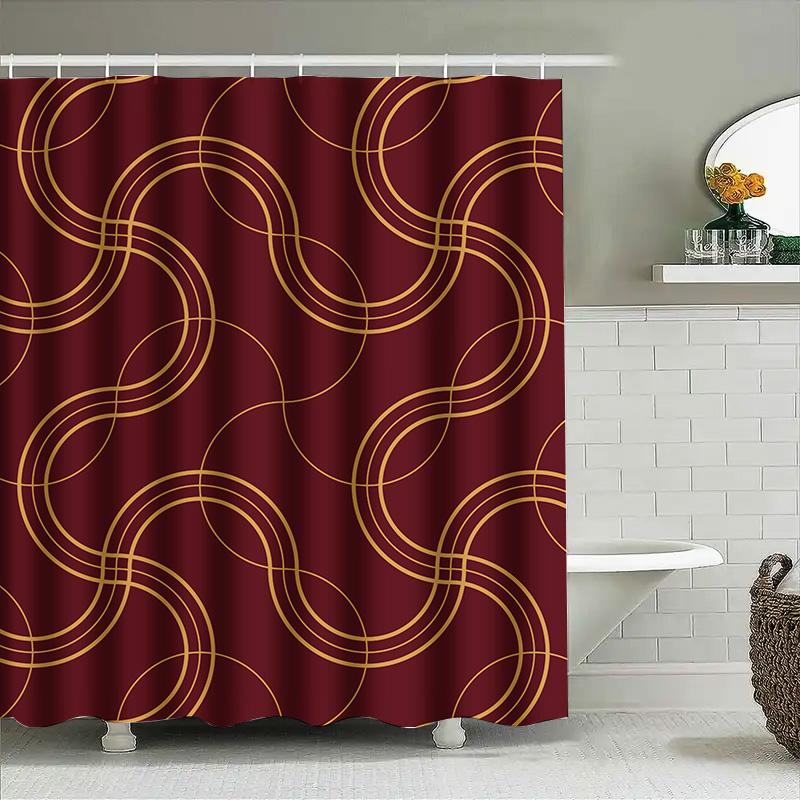 Modern Bathroom Decor Shower Curtain With Gold Lines Design For Bathtub Red Color Home Decoration Waterproof Fabric Shower Panel