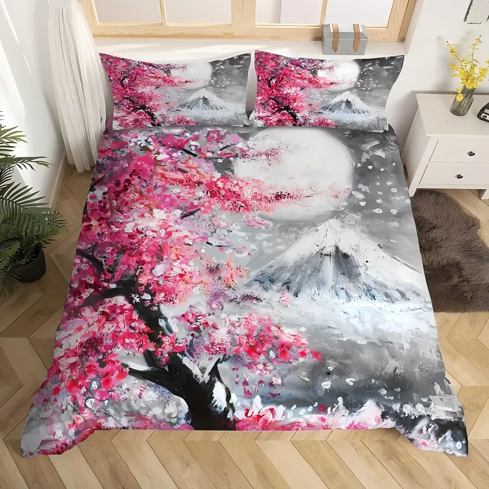 

Cherry Tree Mountain Oil Painting Snow Scene Print Quilt Cover Japan Minimalist Style Home Textiles Soft Duvet Cover Pillowcases 135x200cm 2pcs