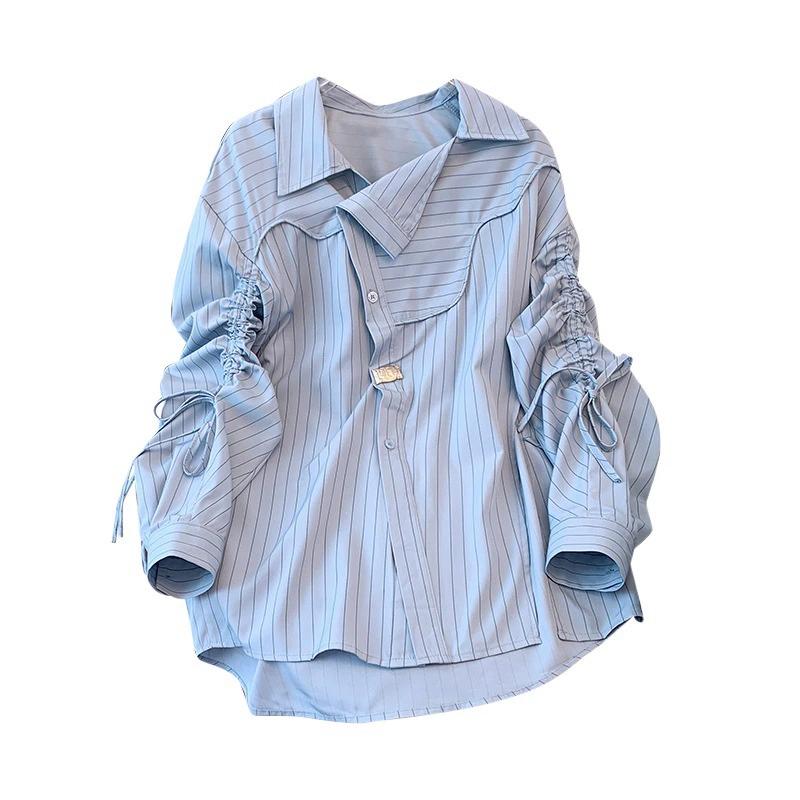 

Большая весенняя рубашка с нерегулярными полосками на кулиске, с нишевым и ленивым дизайном, свободная и красивая рубашка с длинным рукавом XS синий
