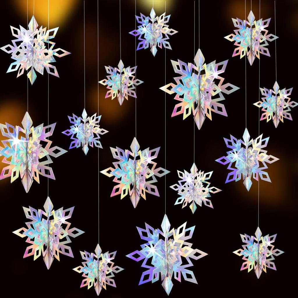 Set of Six 3D Paper Snowflake Hanging Decorations for Store Windows