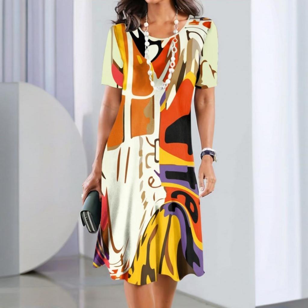 2026 Spring and Summer New Dresses Outdoor Fashion Short Sleeve Irregular Pattern Print Hawaii Vacation Style Dresses