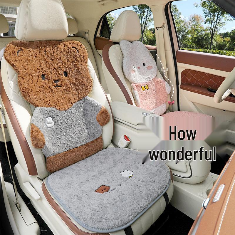 Winter Plush Car Seat Cushion - Cartoon Bear & Rabbit Design