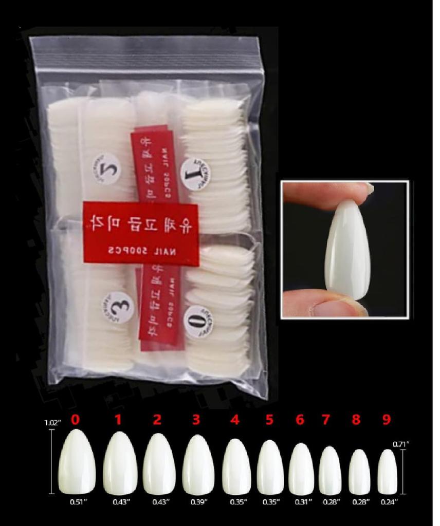 500Pcs Medium Almond Fake Nail Tips Full Cover Clear Acrylic Nails Press on Nails for DIY Nail Art, 10 Sizes (Natural)