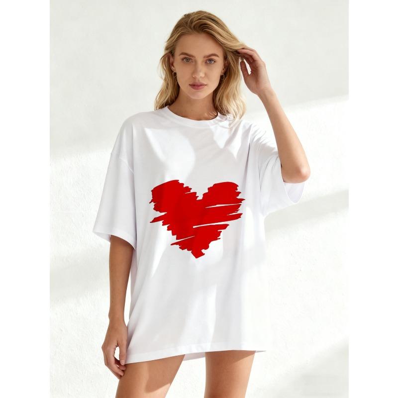 Damen Kurzarm-T-Shirt mit rotem Pinselstrich-Herz-Print