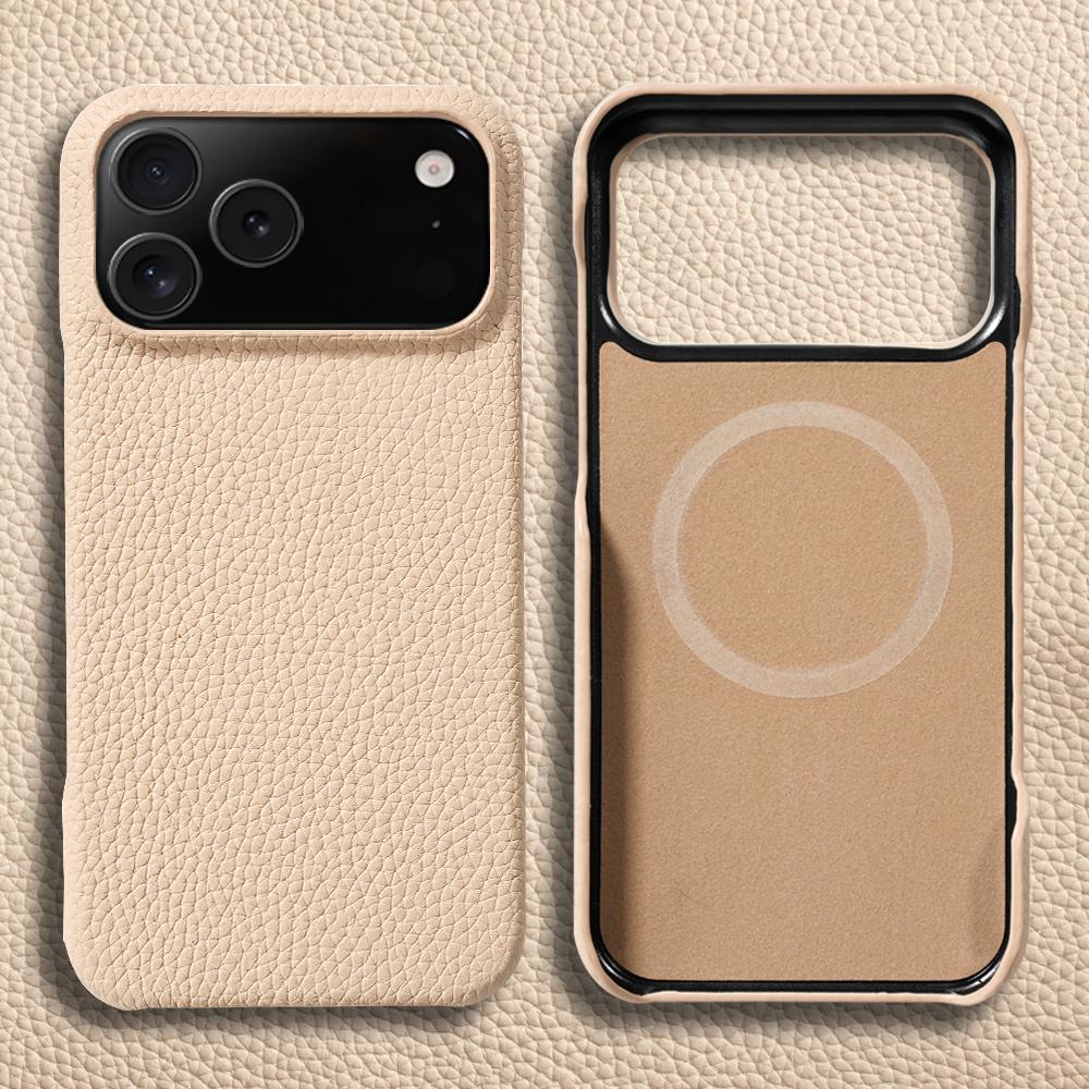 Lychee Natural Cowhide Leather for Magsafe Case for iPhone 17 Air 15 16 Pro Max 17Pro Magnetic Protector Luxury Phone Back Cover