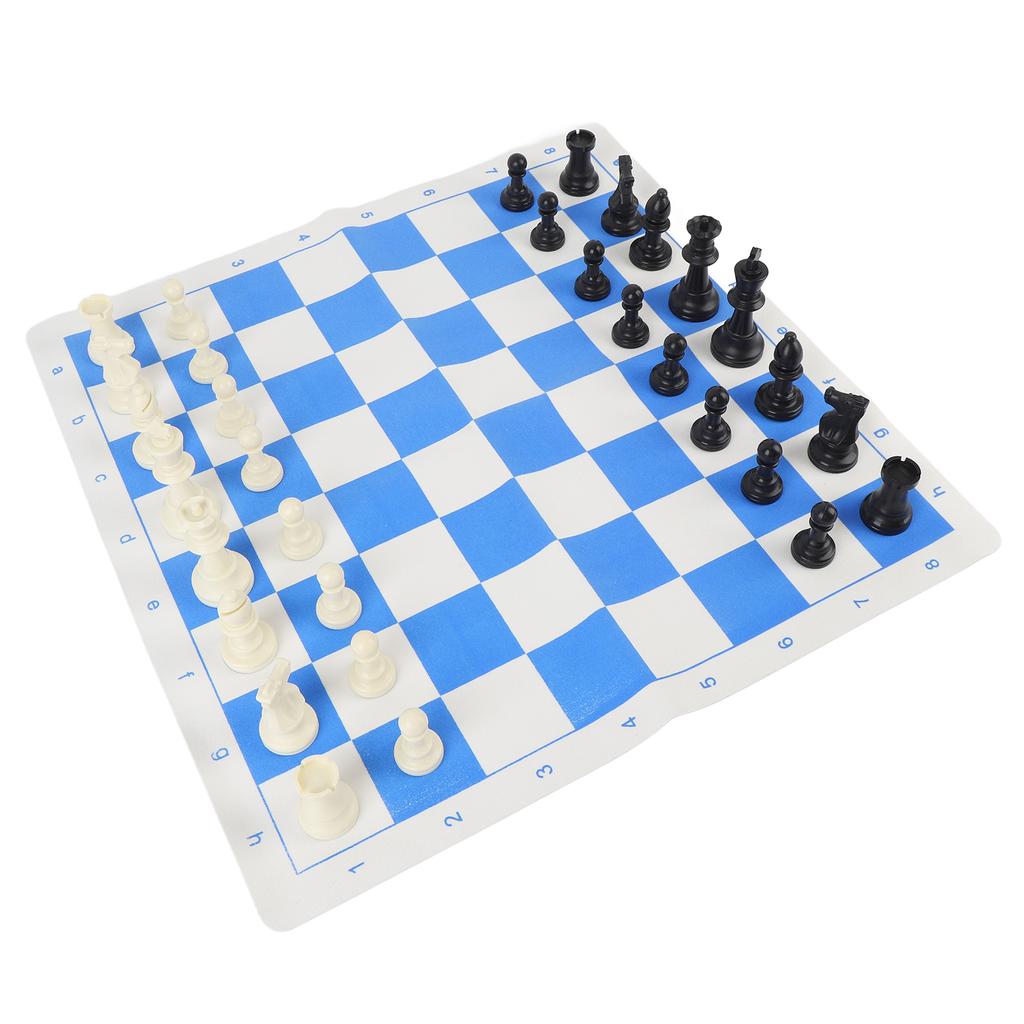 Internationales Schachspiel 95mm König Plastik Schachfiguren 50cm PU Leder Blau Weiß Gitterbrett mit