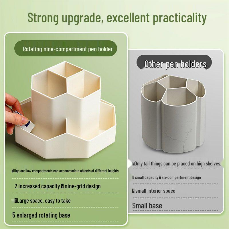 Nine-Grid Rotating Pen Holder, Upgraded Large Capacity, High-End Desktop Organizer, Multifunctional Luxury Storage Box