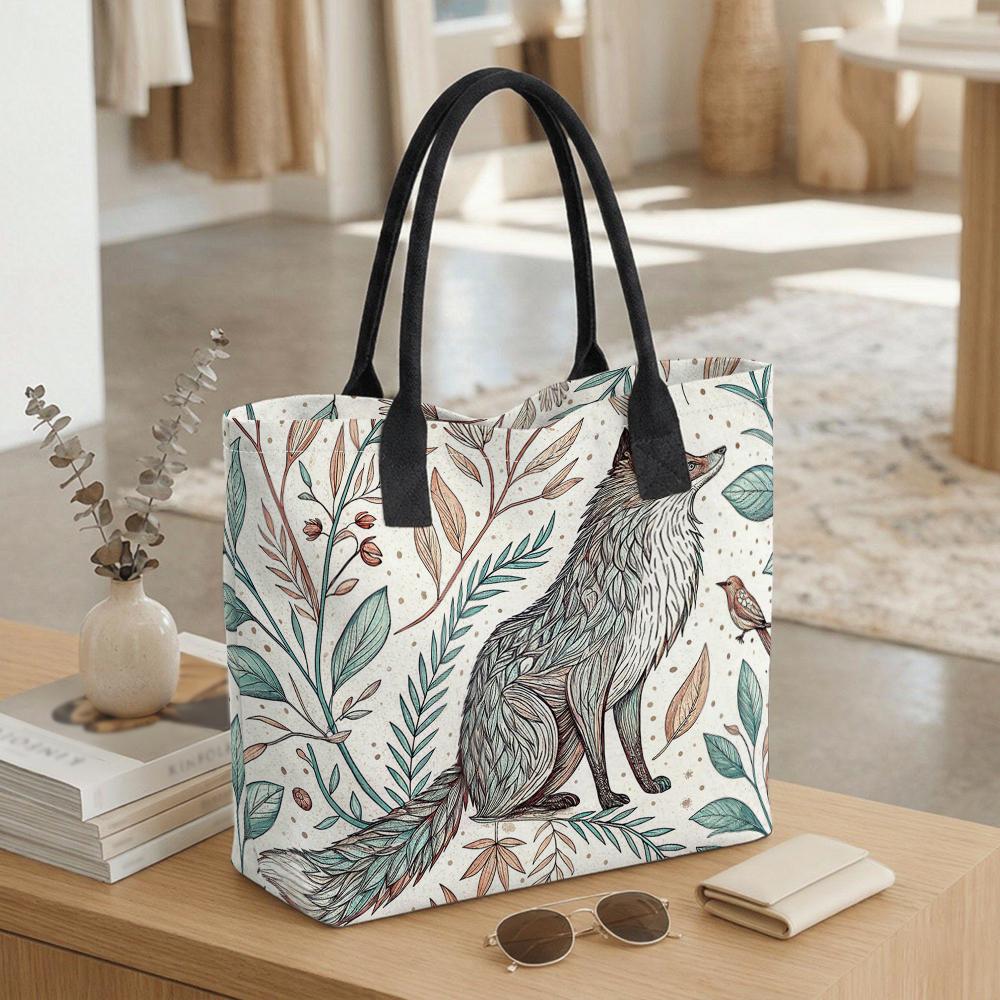 Boho Fox Print Canvas Tote Bag Casual Large Capacity Daily Shoulder Handbag for Women