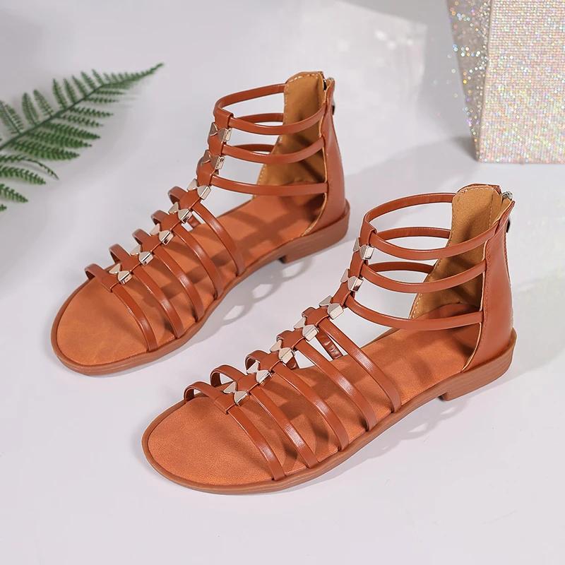 

Fashion Summer Low Heels Gladiator Sandals Women Plus Size Bowknot Back Zipper Sandals Woman Lightweight Non Slip Flats Sandles Female 43 коричневый