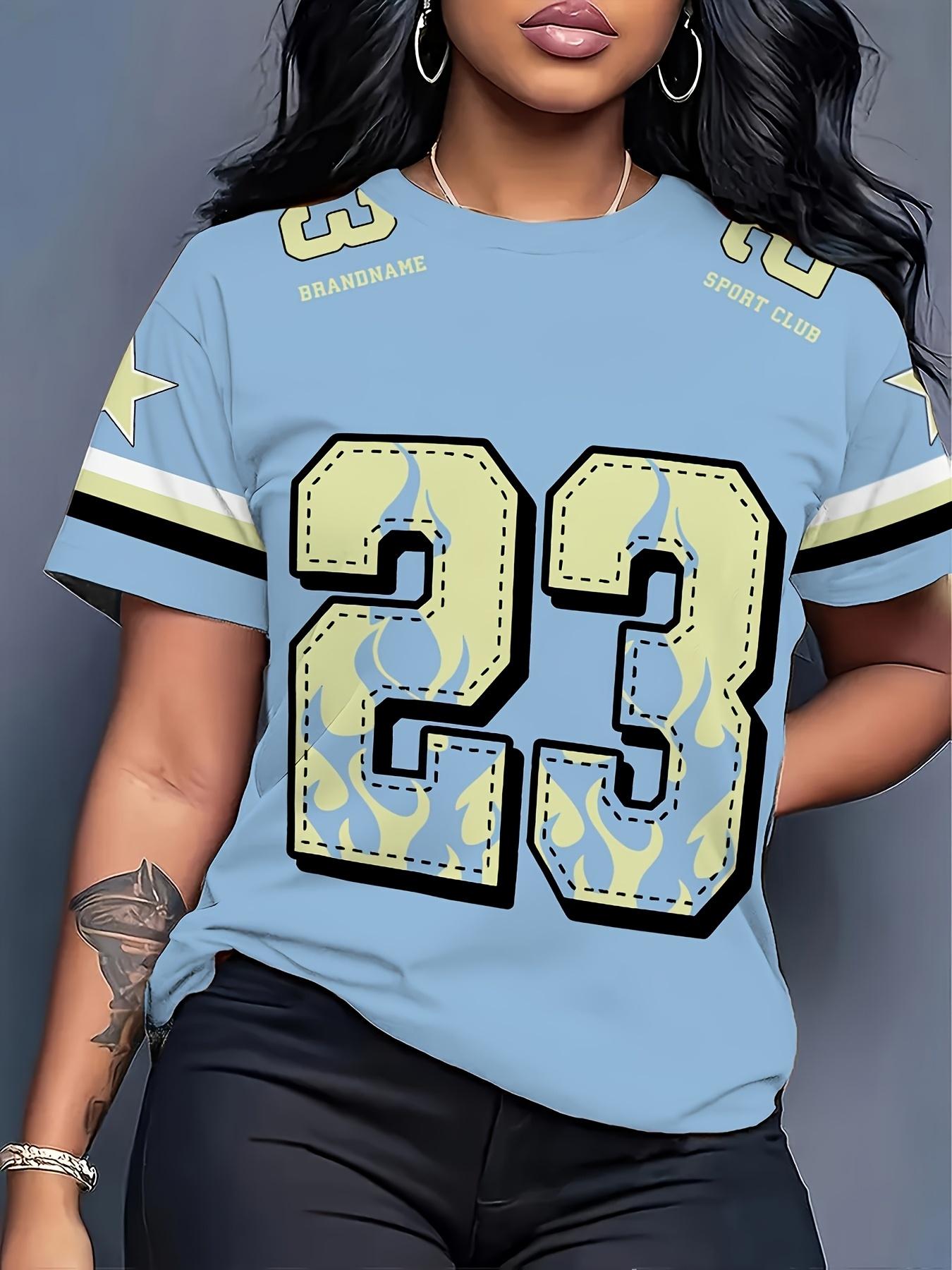 

Women s Vintage Number 23 T-Shirt - Light Blue Flame ; Striped Sleeve Retro S Top with Round Neck Short-Sleeve Tee Suitable for Casual Wear.. Everyday XL