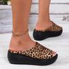 Women's Leopard Print Wedge - Slip-On Open-Toe Platform Slippers with Thick Cushioned Heel, Black & Tan Animal Shoe for Beach, Parties