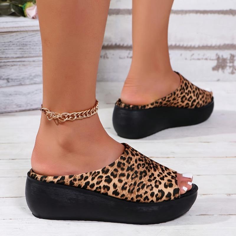 Women's Leopard Print Wedge - Slip-On Open-Toe Platform Slippers with Thick Cushioned Heel, Black & Tan Animal Shoe for Beach, Parties