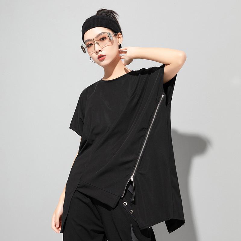 

Летняя свободная футболка без рукавов с боковой молнией: Модный европейский и американский стиль для женщин One Size (Fits 95-160 jin) чёрный