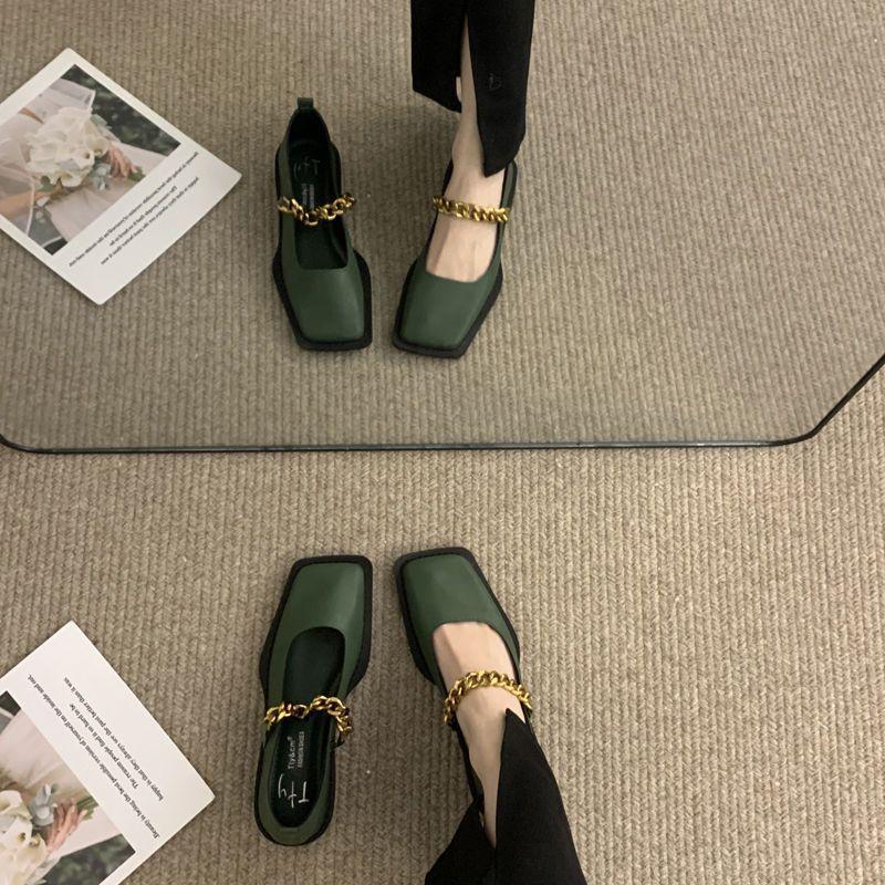 Metal Chain Square Head Retro Loafers Single Women's 2025 New British Versatile Mary Jane Small Leather Shoes Women