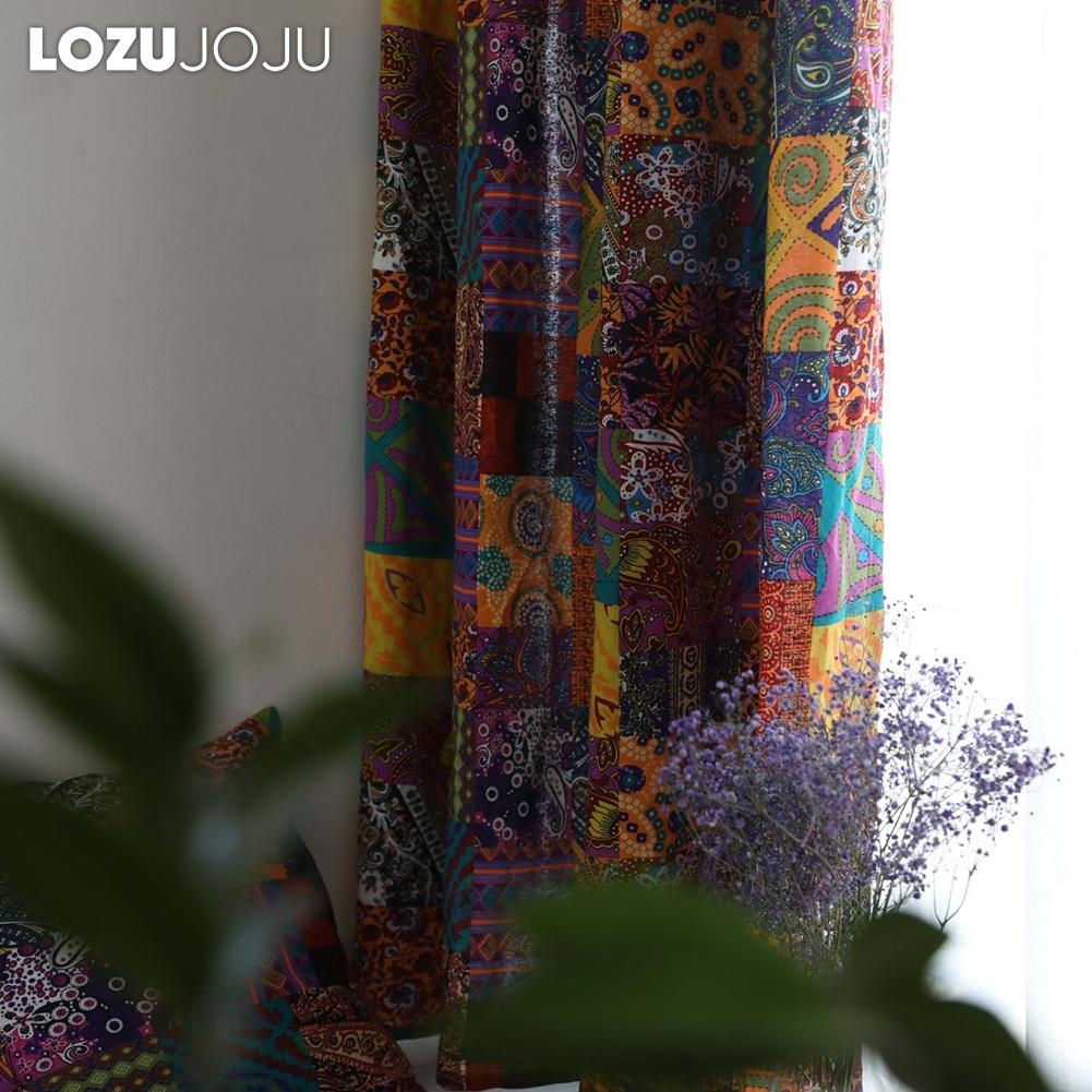 1PC LOZUJOJU Bohemian Retro Ethnic Style Cotton Linen Printed Semi Blackout Curtains for Small Window Kitchen Bedroom Living Room Balcony Home Decor