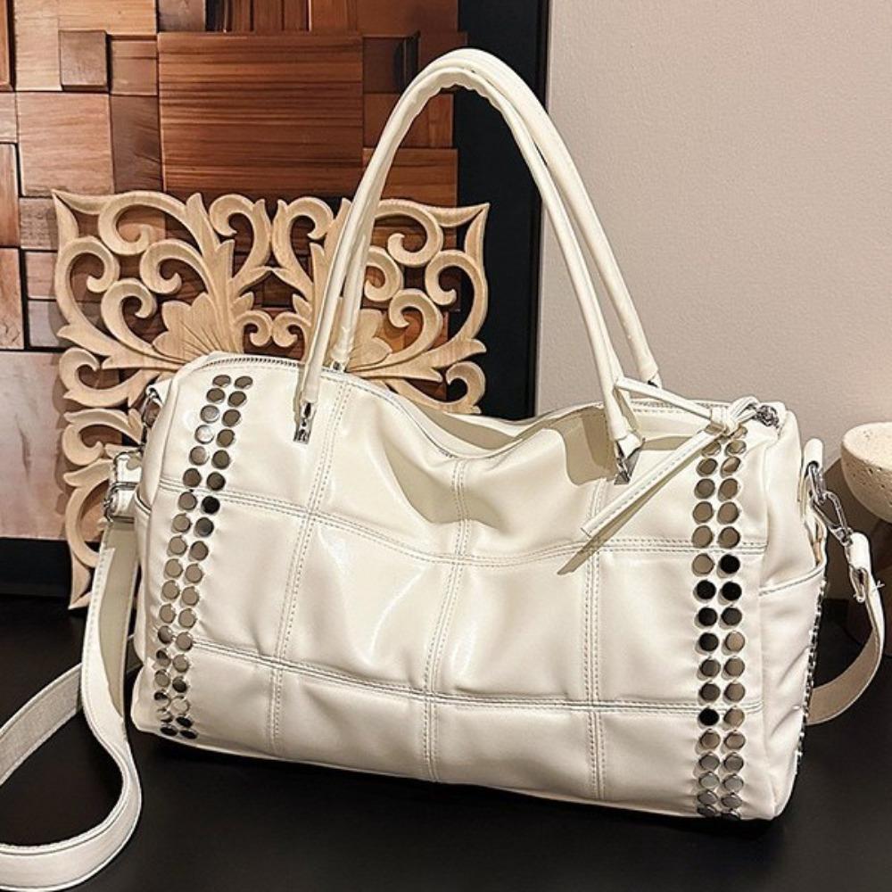 2026 New Fashion Retro Style Metal Rivet Tote Bag Women's Handbag Large Capacity Motorcycle Bag Detachable Shoulder Strap