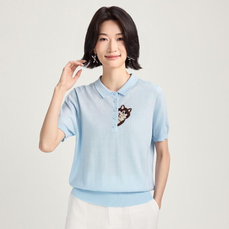 Women s Summer Cool-Touch Cat Jacquard Knit Polo T-Shirt L небесно-голубой
