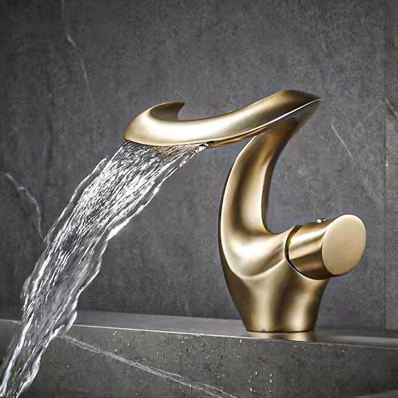 Rubinetto per Lavabo da Bagno a Cascata in Ottone Installazione su Piano Miscelatore Caldo e Freddo Maniglia Singola Oro Spazzolato/Grigio Rubinetto per Lavabo