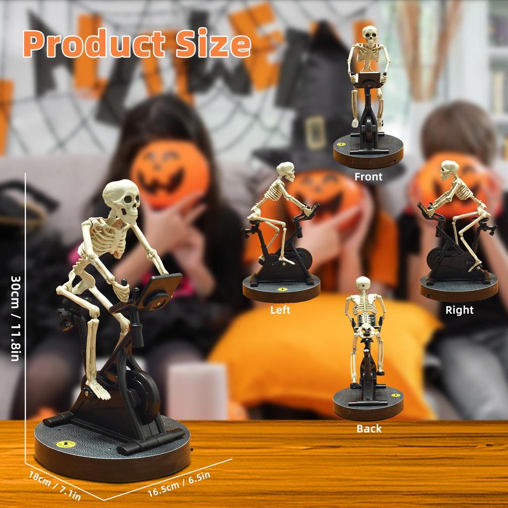 Halloween decoration props, skeleton people riding spinning bikes with lights and music, Halloween party, interior decoration