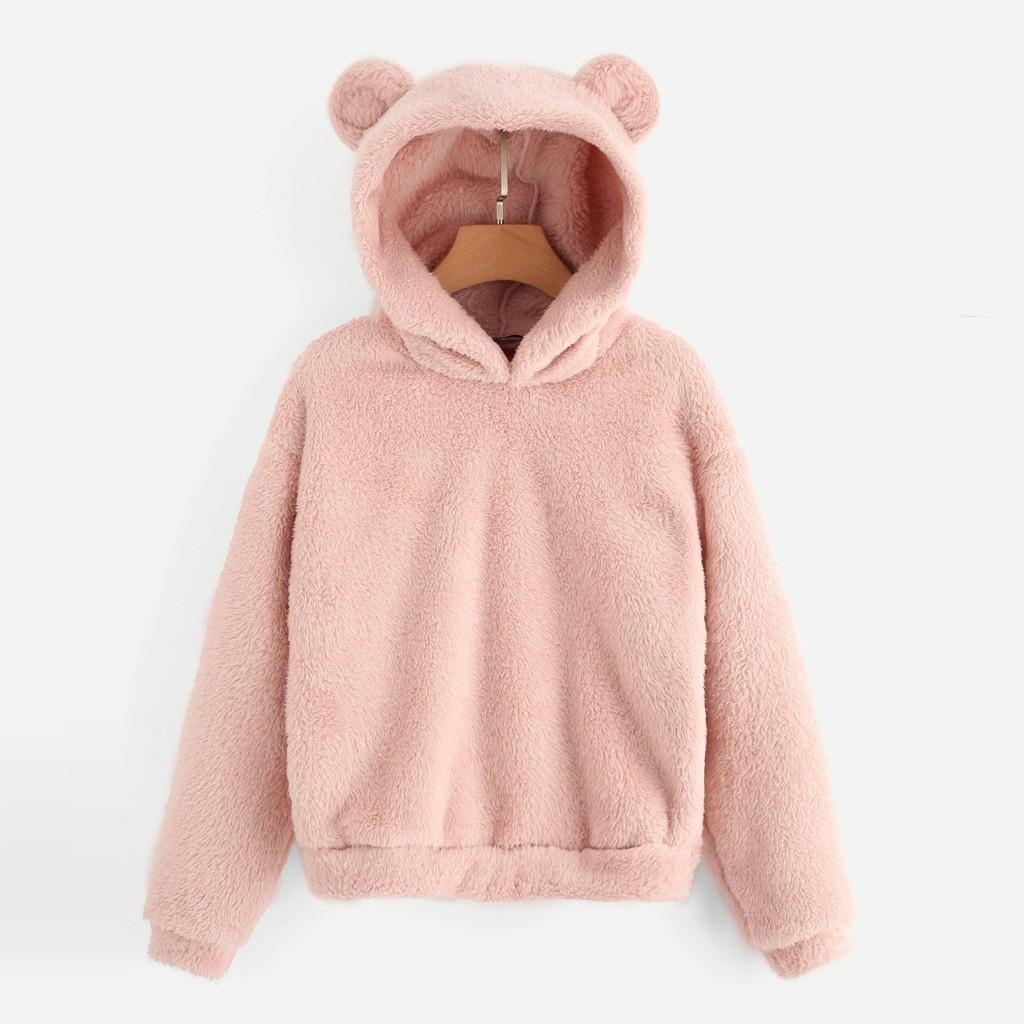 Women s Long Sleeve Fleece Sweatshirt Warm Bear Shape Fuzzy Hoodie Pullover XXXL розовый