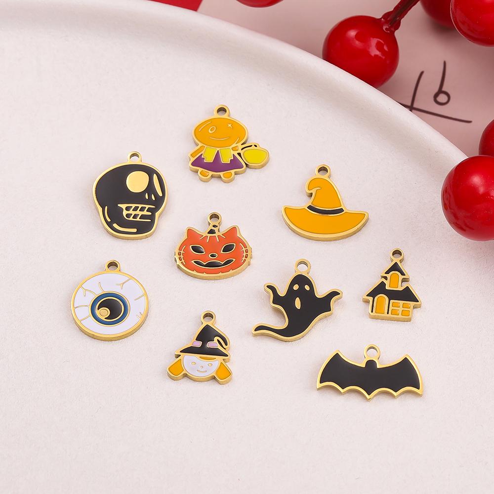1pcs Stainless Steel Cartoon Halloween Enamel Charms Pumpkin Skeleton Ghost Bat Cat Pendants for DIY Jewelry Making Accessories