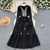 Vintage Western Style Embroidered V-neck Strap Up Waist Long Sleeve Dress for Women French Elegant Grand Swing Long Dress