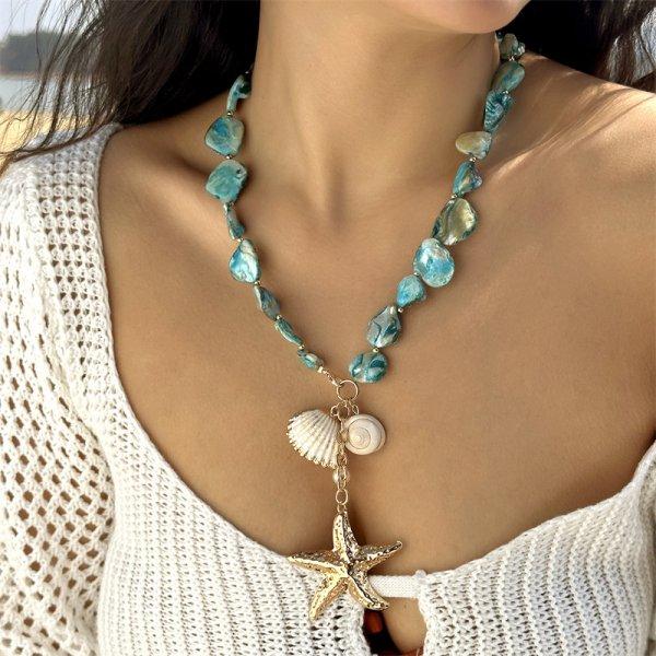 

Boho Big Starfish Shell Conch Pendant Necklace for Women Creative Irregular Stone Beads Choker Summer Beach Vacation Jewelry