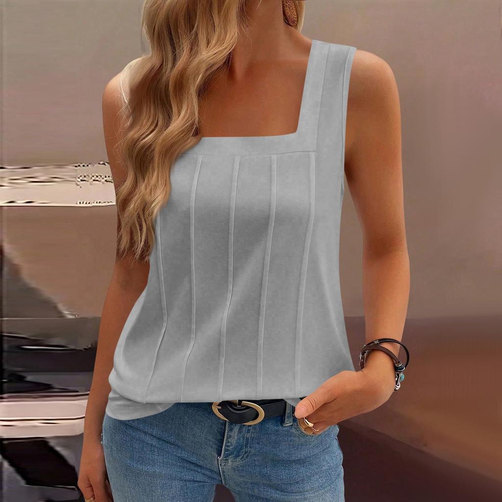 Women's Casual Fashion Square Neck Pleated Knit Sleeveless Vest Top