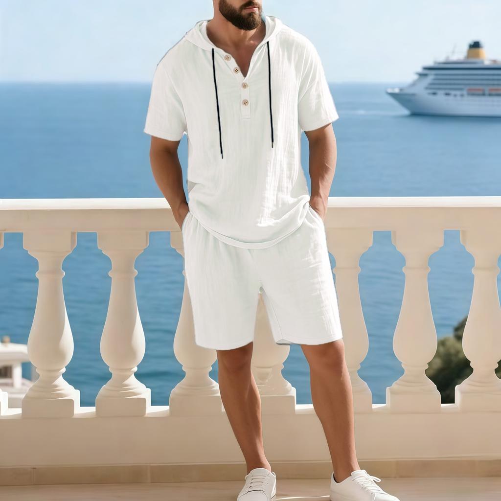Set Casual Due Pezzi da Uomo a Manica Corta con Cappuccio e Pantaloncini a Colore Solido