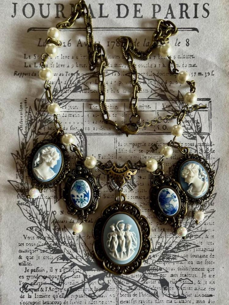 1 Piece Vintage Victorian Style Goddess Cameo  Style Faux Pearl Metal White Color Multicolor Pendant Necklace 50+5cm