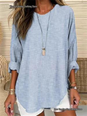 2026 Euro-American Spring/Summer Striped Loose Long-Sleeve Round Neck Women's Casual Top